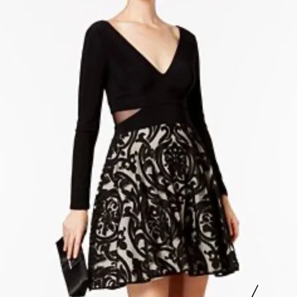 Xscape Dresses Xscape Long Sleeve Mesh Cutout Fit And Flare
